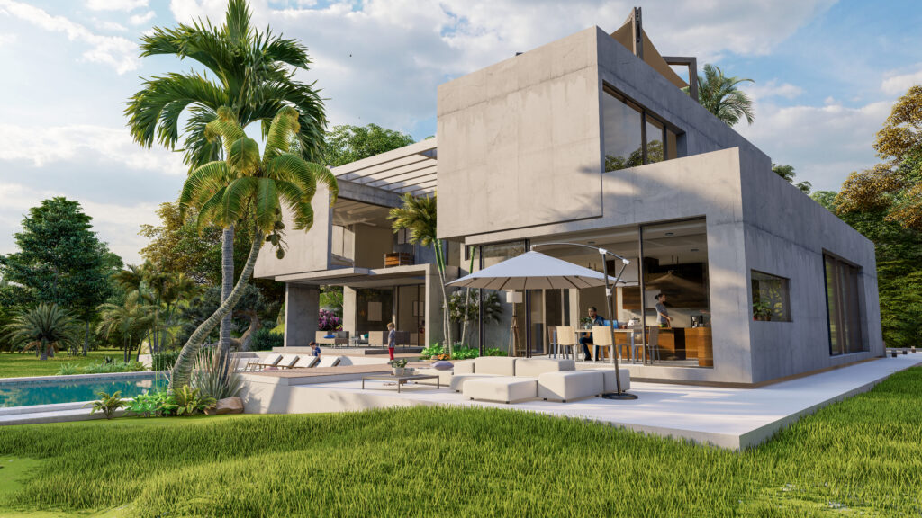 Luxurious brutalist home with pool and tropical garden